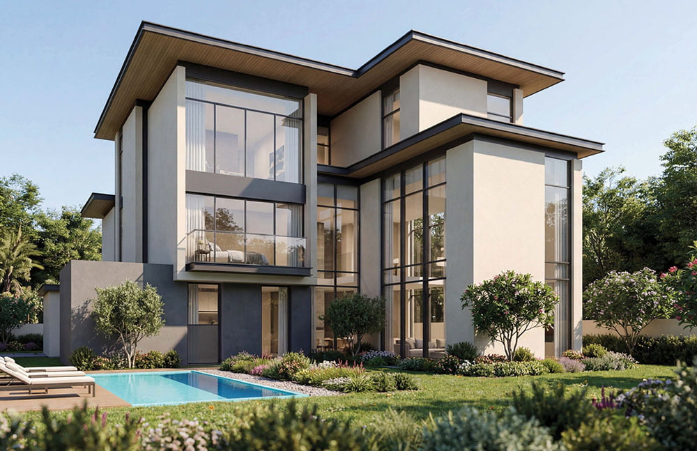 Exterior view of a modern two-story luxury villa with floor-to-ceiling glass windows and a private swimming pool