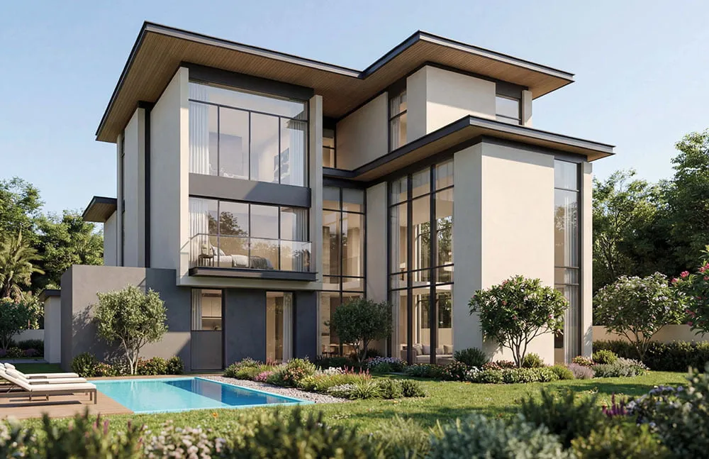 Exterior view of a modern two-story luxury villa with floor-to-ceiling glass windows and a private swimming pool