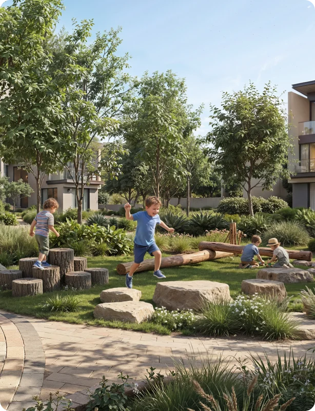 Family-friendly residential neighborhood featuring a green park with natural playground area