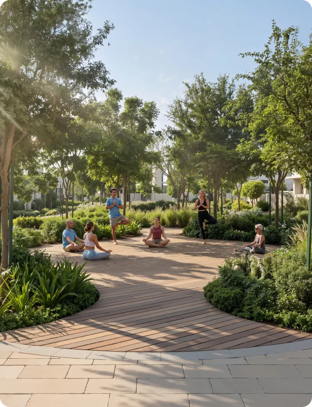 Residents practicing yoga and wellness outdoors on a paved courtyard in a residential community