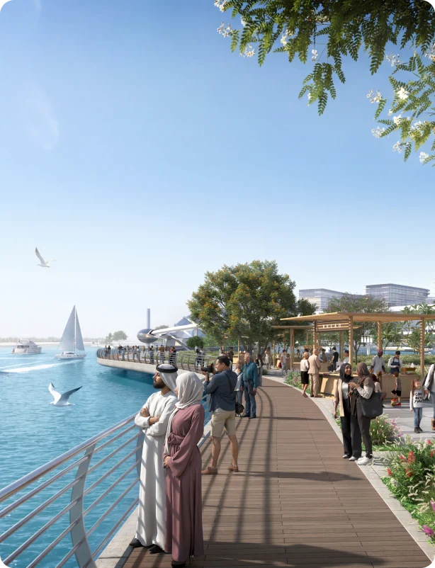 Residents strolling along a scenic waterfront promenade and boardwalk near luxury coastal condos