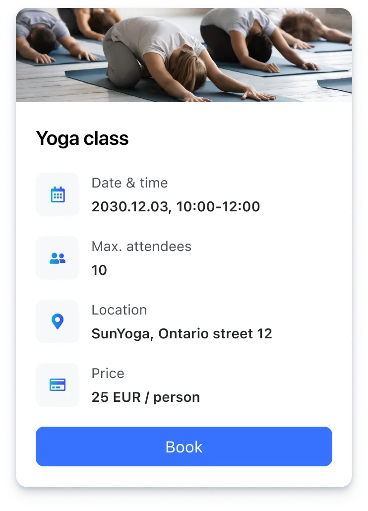 A cell phone with a yoga class on the screen.