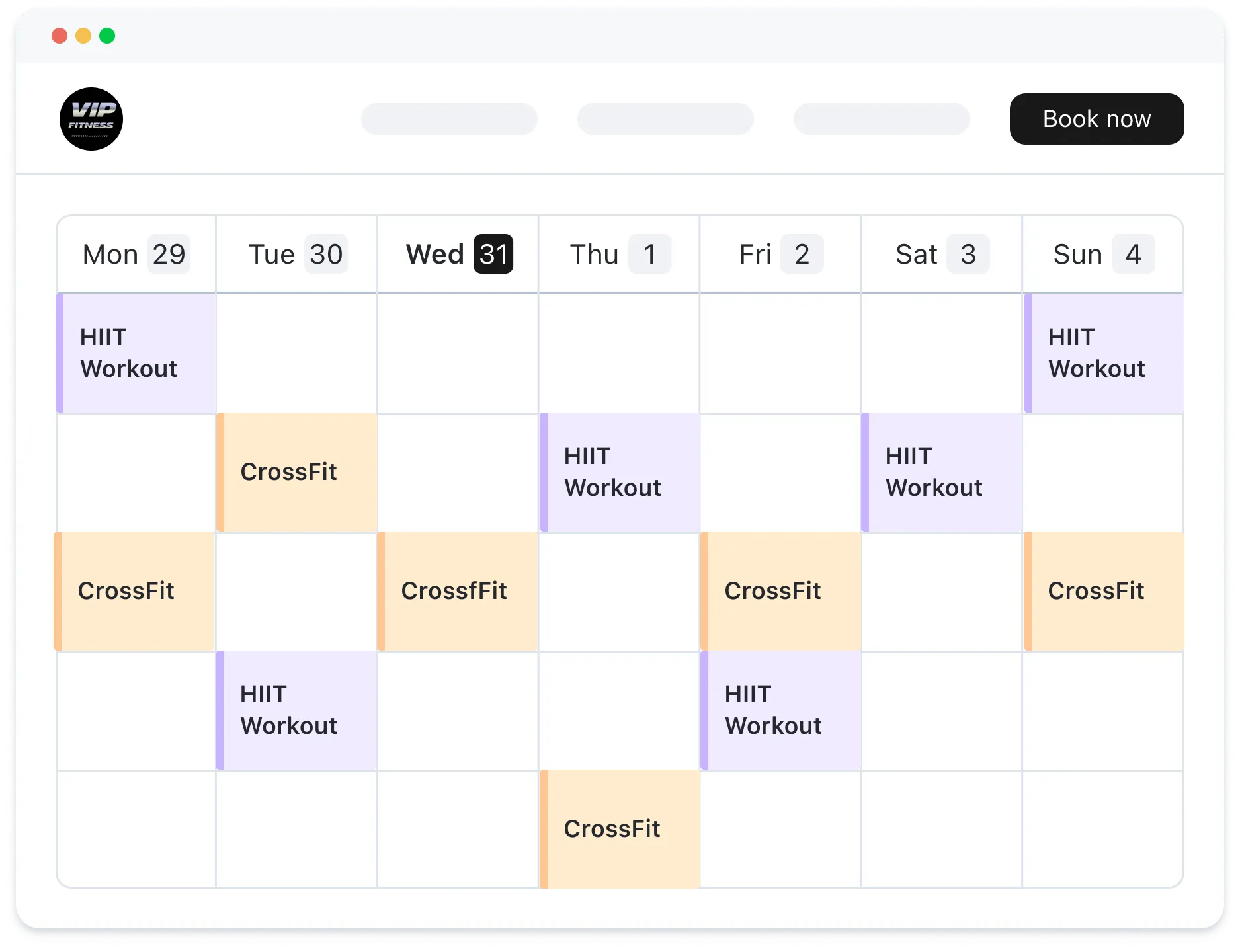 A screenshot of a crossfit calendar.