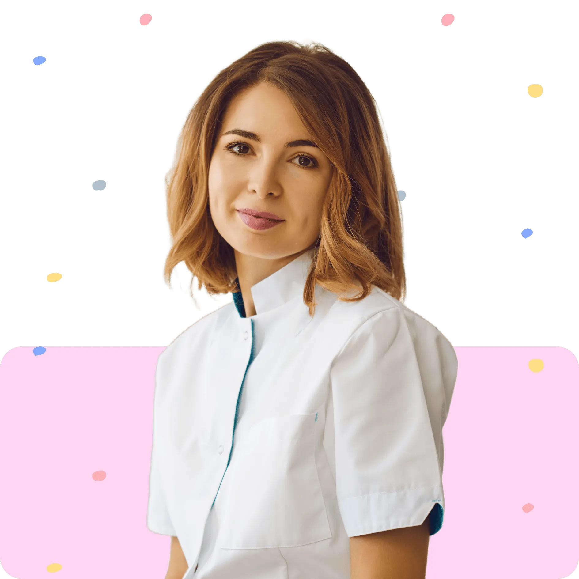 Woman with shoulder-length hair wearing a white medical or beauty professional coat, smiling softly.