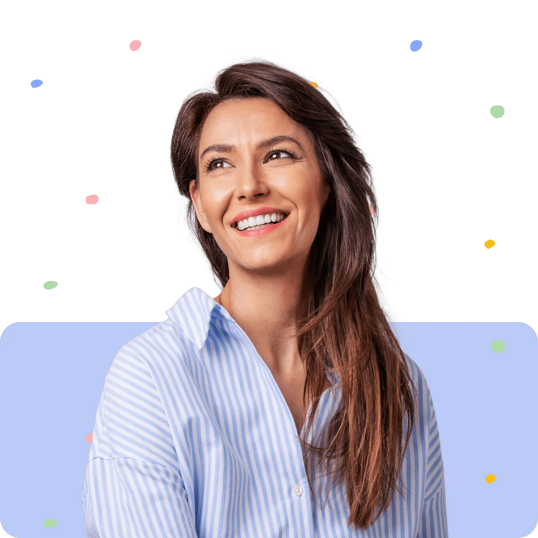 Smiling woman with long brown hair wearing a blue striped shirt looking slightly upward.