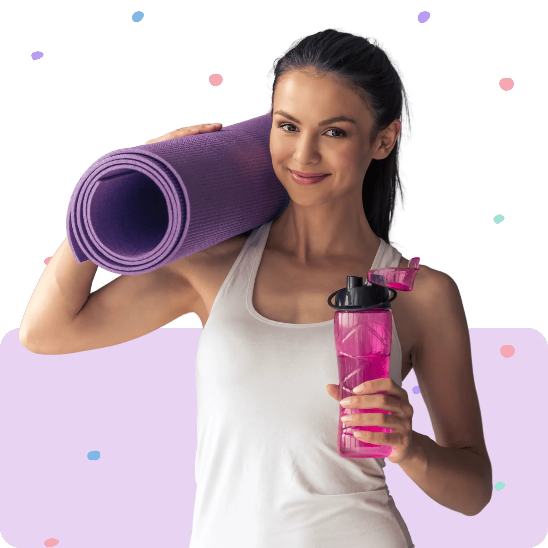 Smiling woman in white tank top holding purple yoga mat and pink water bottle.