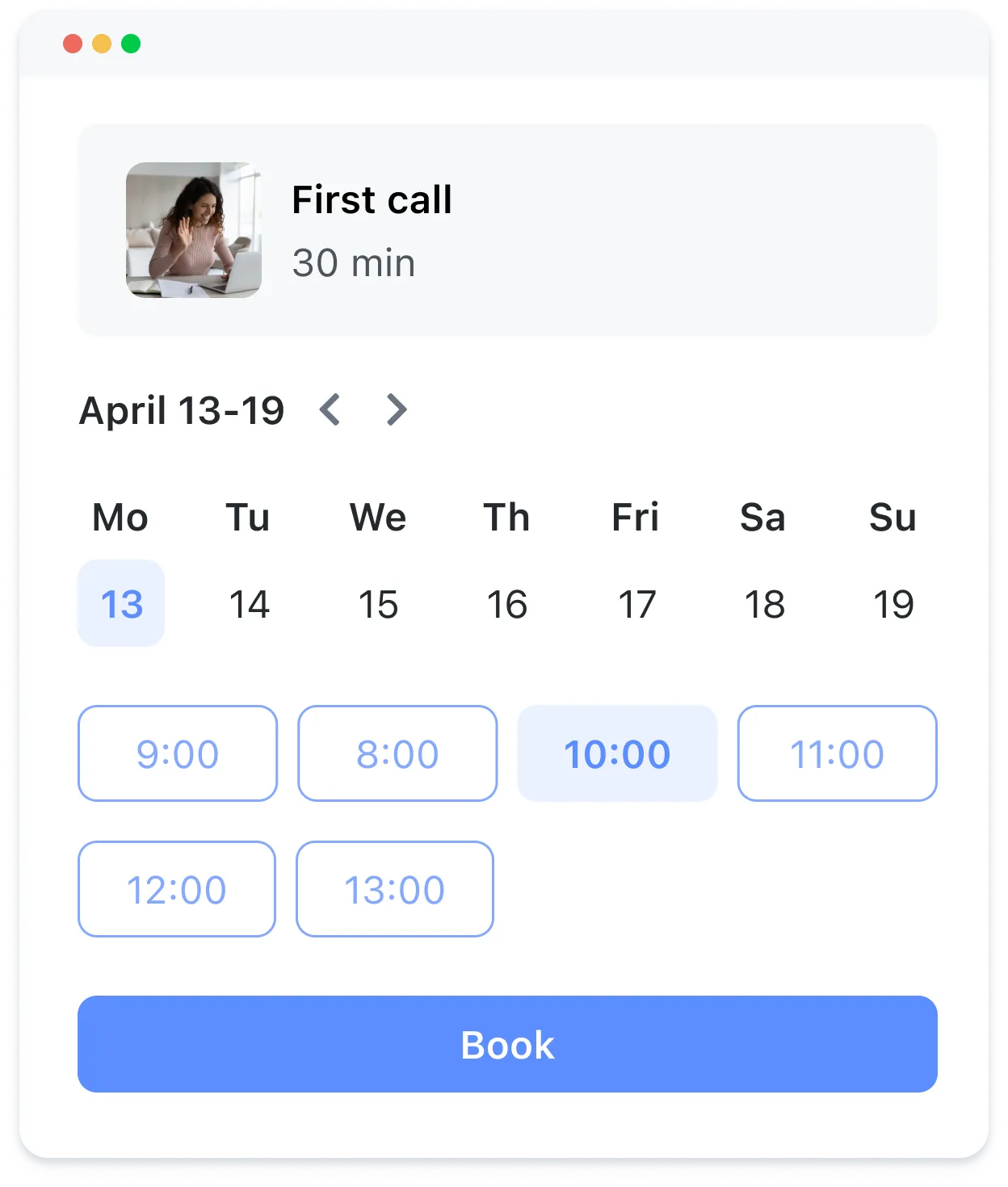 Online calendar booking for a 30-min first call on April 13 with available times including 10:00 selected.