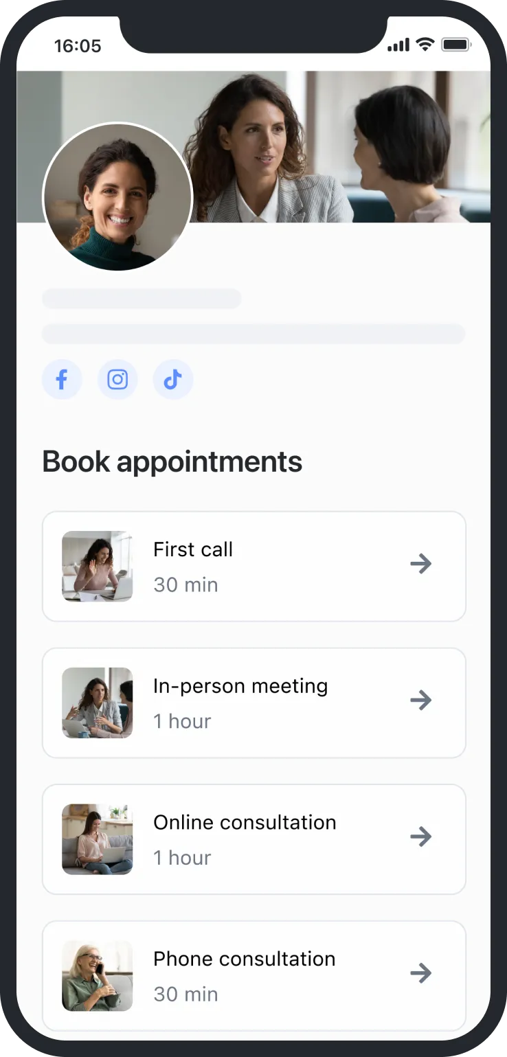 Mobile screen showing appointment booking options: first call, in-person, online, and phone consultations.