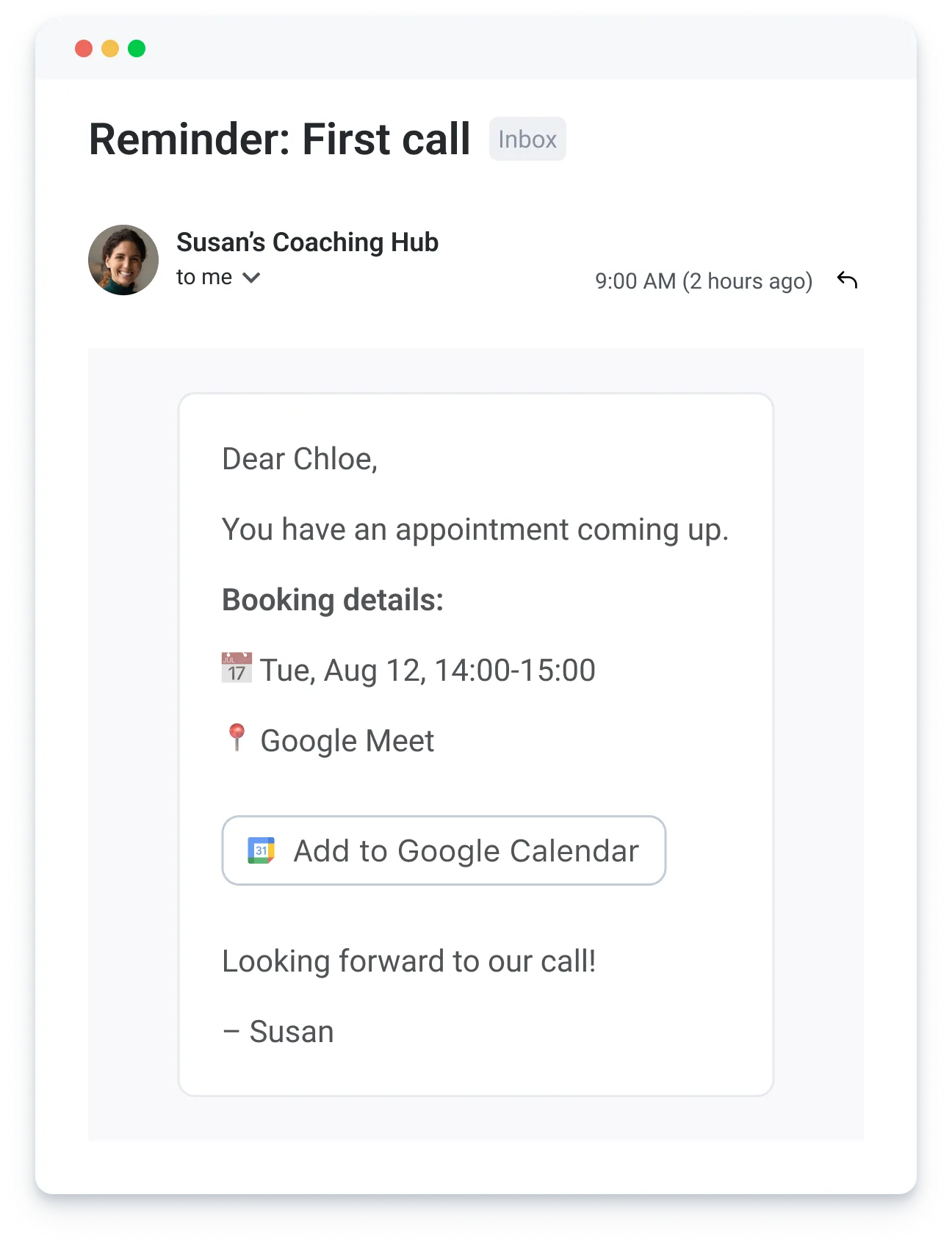 Email reminder about a coaching call on Tue, Aug 12, 14:00-15:00 via Google Meet with add to Google Calendar option.