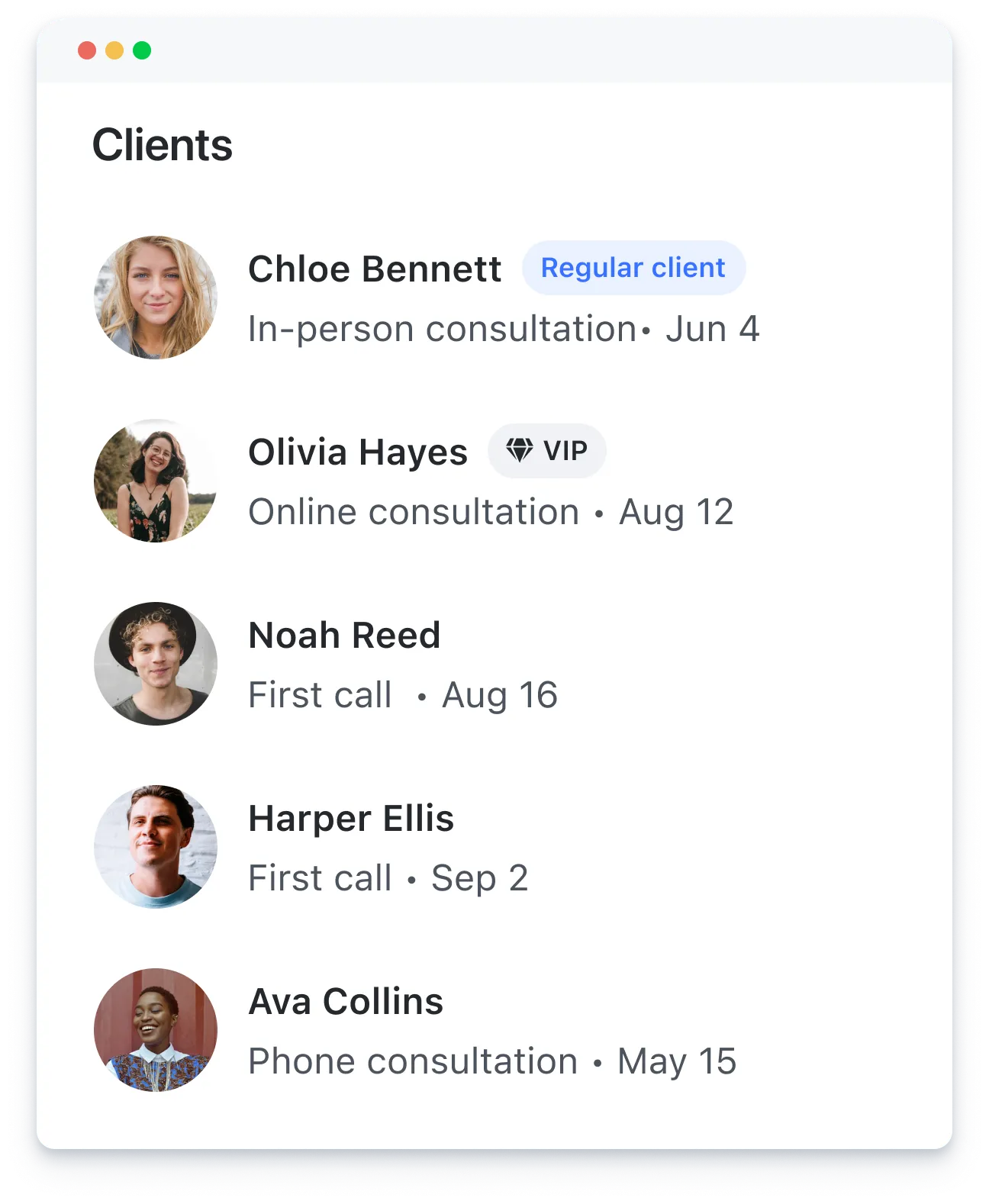 Client list showing names, profile photos, consultation types, dates, and labels like Regular client and VIP.