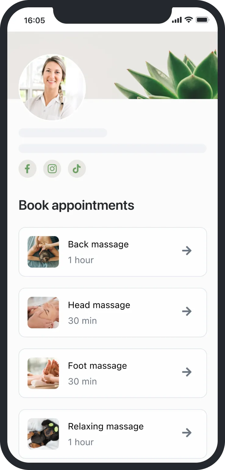 Mobile screen showing massage appointments: back, head, foot, and relaxing massages with durations.