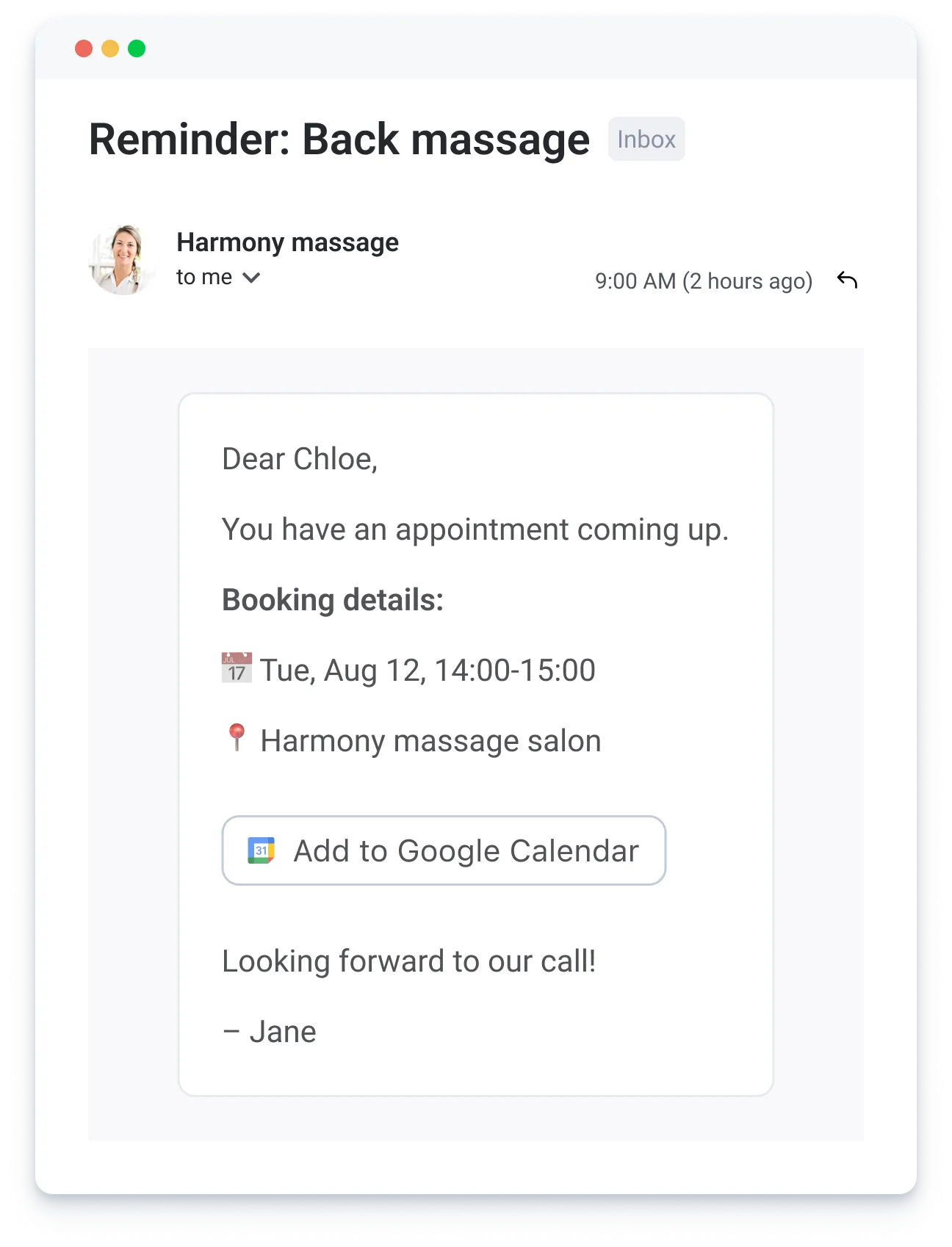 Email reminder for Chloe's back massage appointment on Aug 12, 14:00-15:00 at Harmony massage salon.