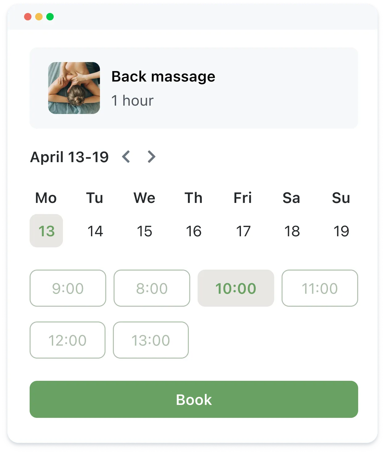 Booking calendar for one-hour back massage with available times on April 13 highlighted.
