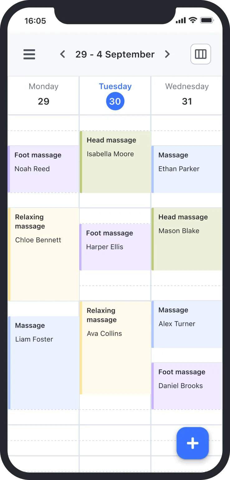 Mobile calendar showing massage appointments from Aug 29 to Sept 31 for foot, head, and relaxing massages.