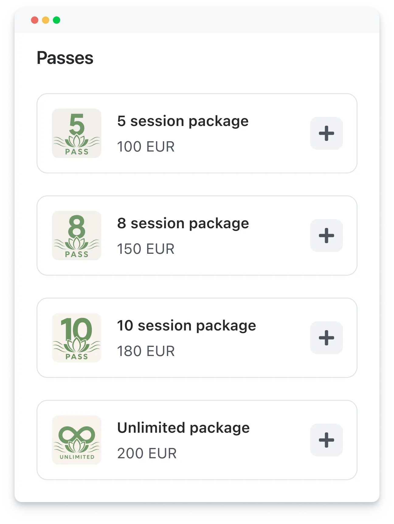 List of massage passes: 5 sessions 100 EUR, 8 sessions 150 EUR, 10 sessions 180 EUR, unlimited 200 EUR.
