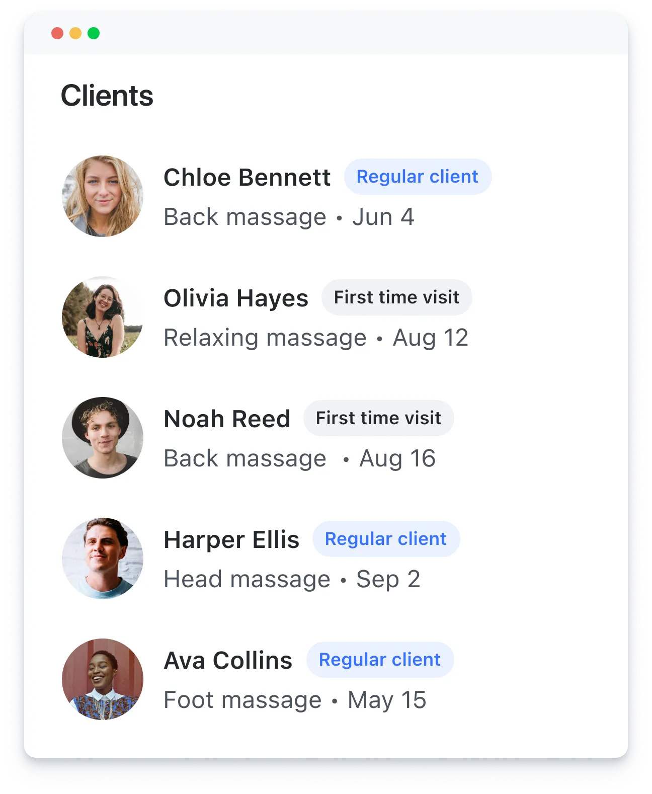 Client list showing names, photos, massage types, dates, and labels for regular or first-time visits.