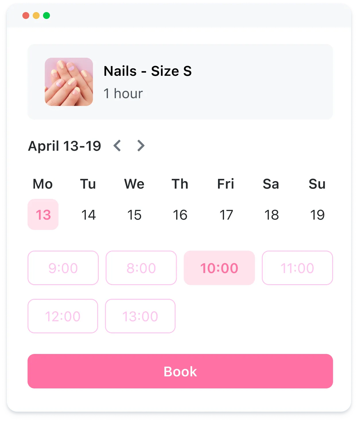 Calendar showing nail appointment for size S on April 13 at 10:00 with 1 hour duration and book button.