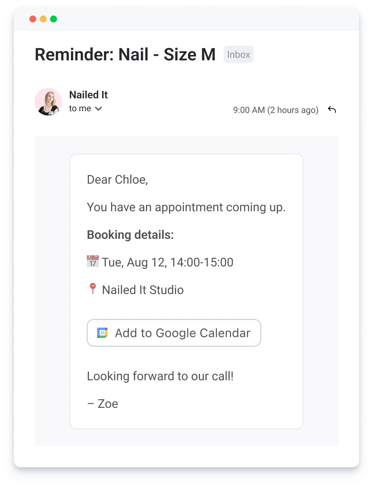 Email reminder for a nail appointment on Aug 12, 14:00-15:00 at Nailed It Studio with a Google Calendar add link.