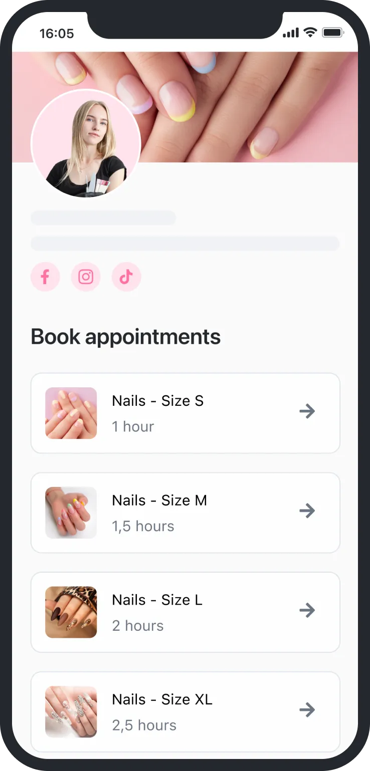 Mobile booking page showing nail appointment options from size S to XL with images and durations.