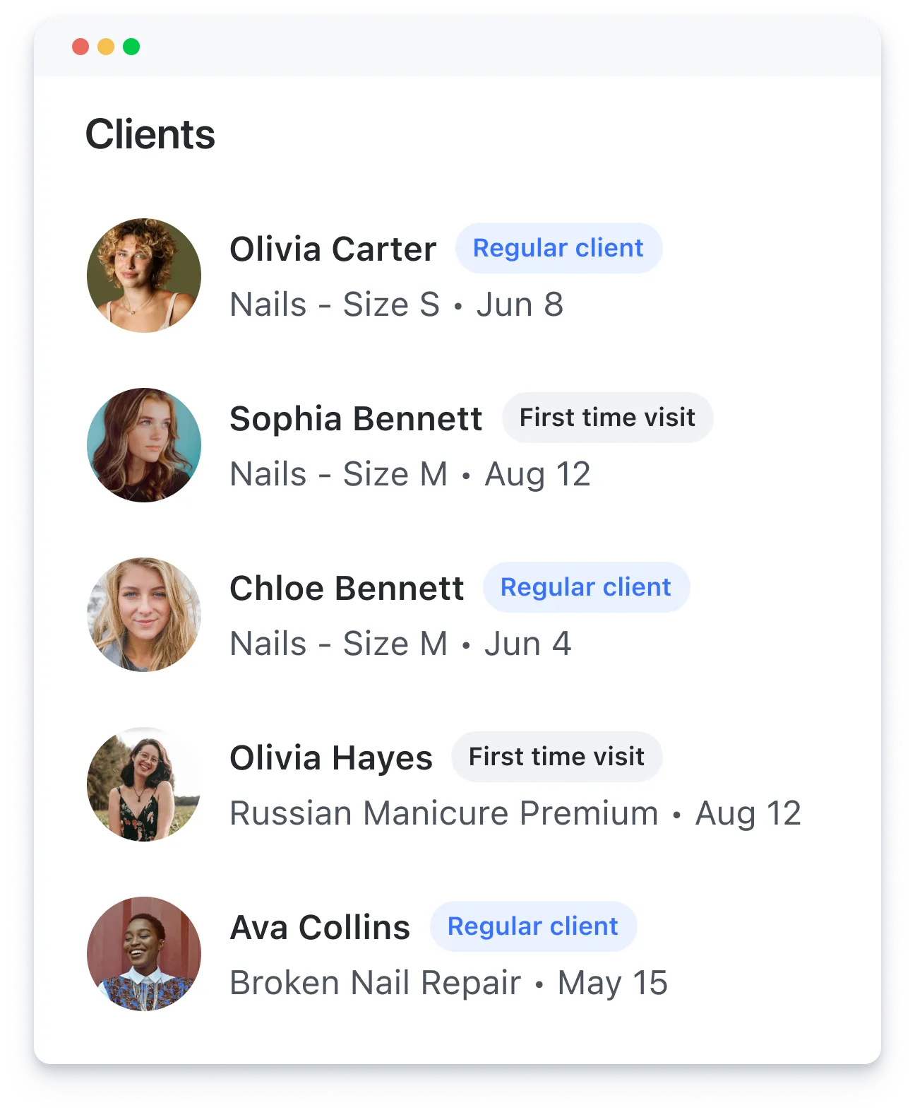 List of five nail salon clients with photos, names, service types, visit dates, and visit status.