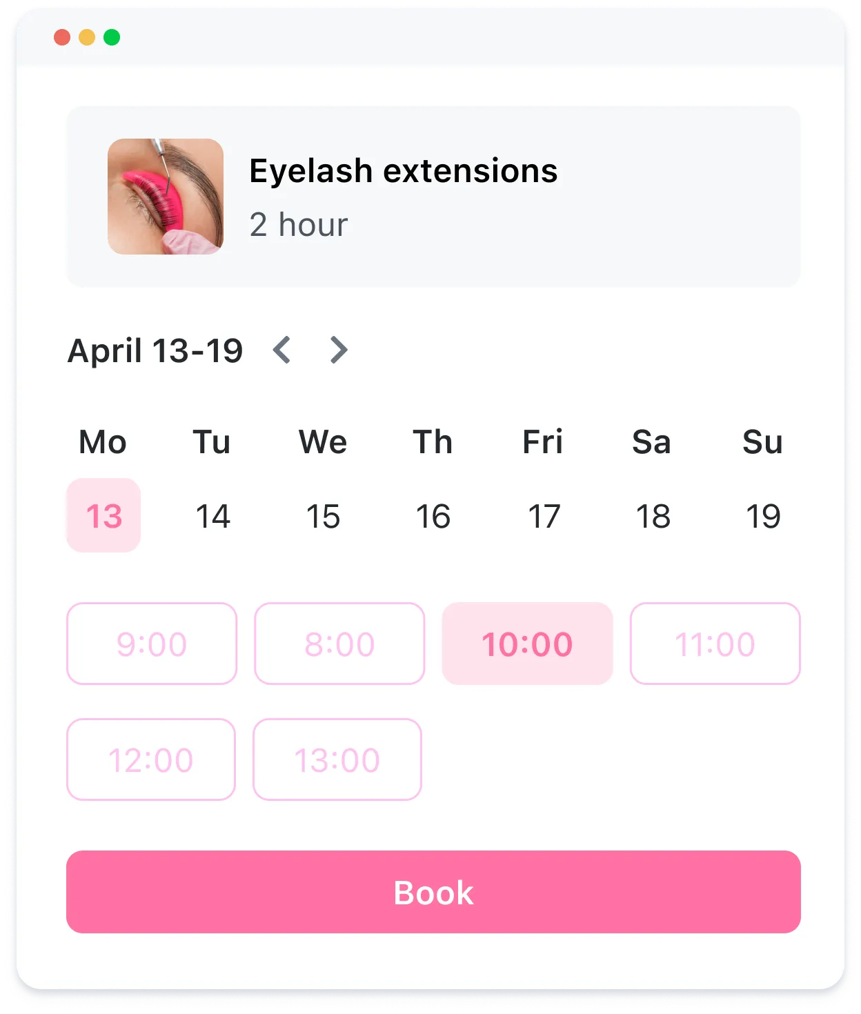 Calendar for April 13-19 with eyelash extension booking times, highlighting April 13 and 10:00 AM slot.