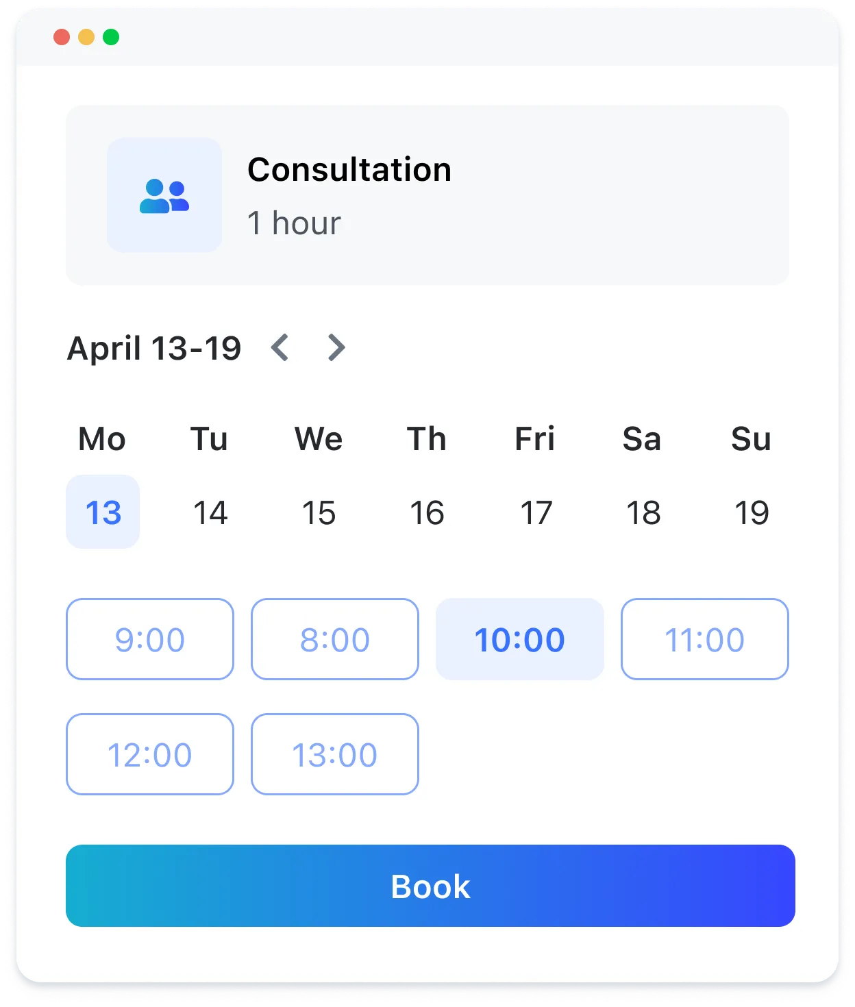 Consultation booking calendar showing April 13-19 with selectable times and a Book button.