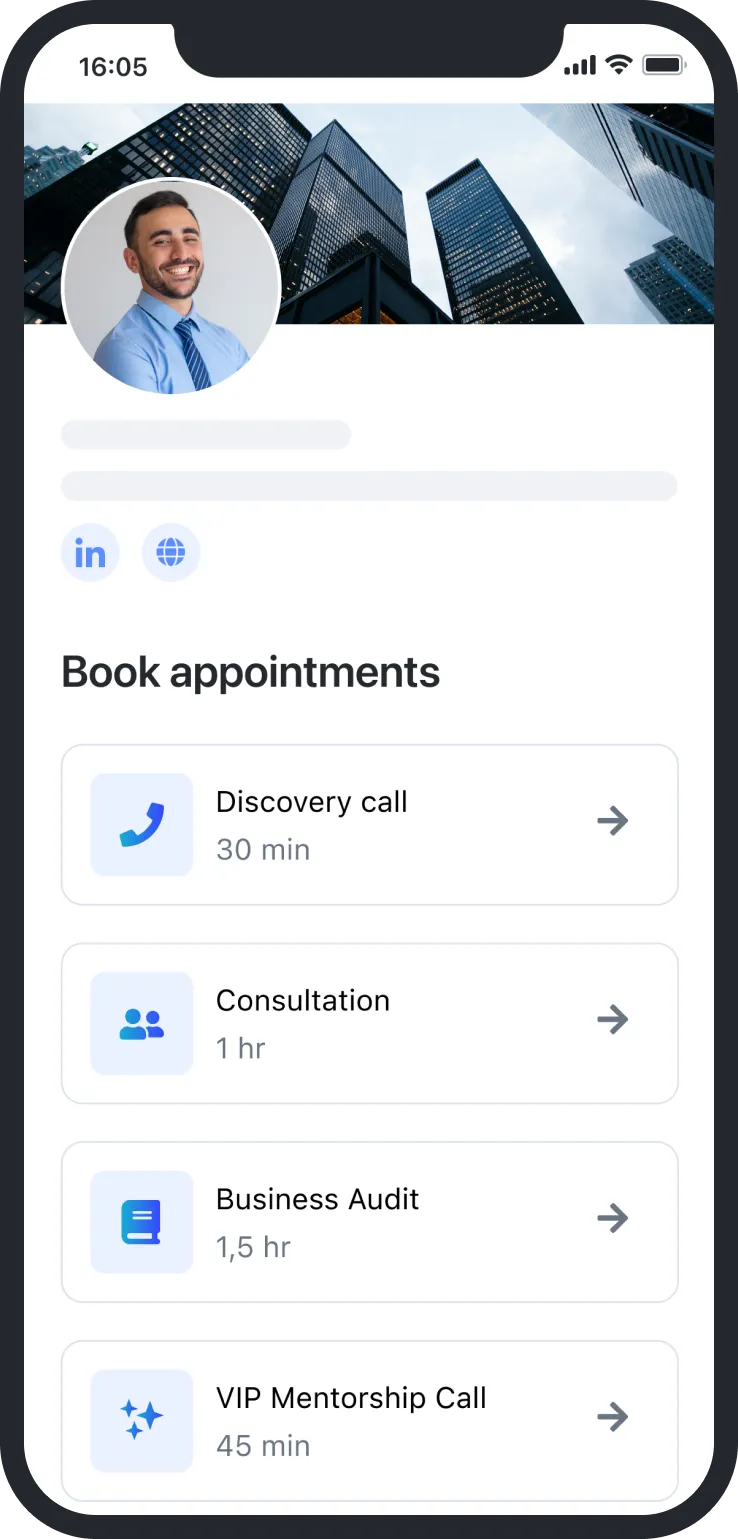 Consultant booking page with appointment options: discovery call, consultation, business audit, VIP mentorship call.