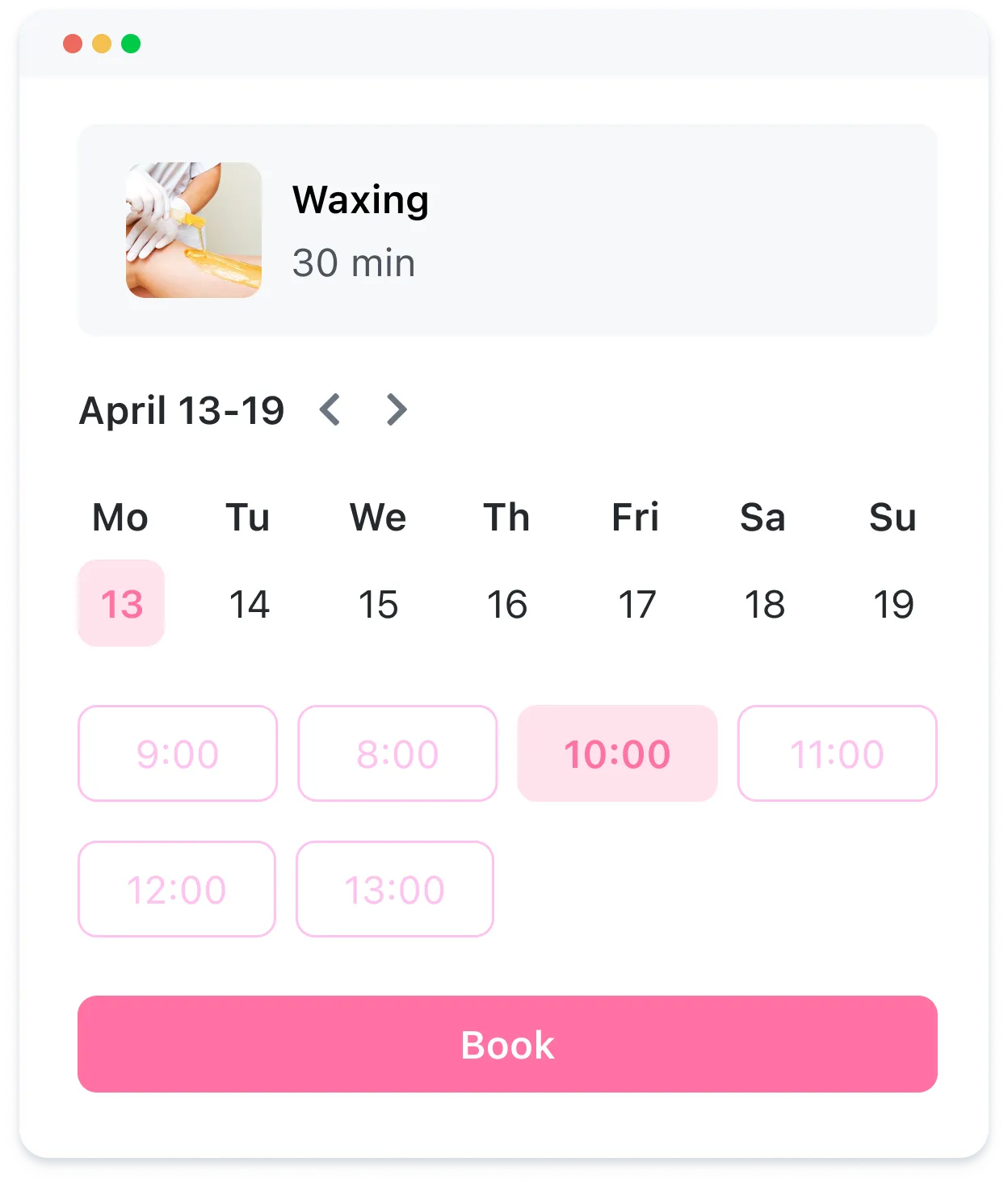 Online calendar showing waxing appointments for April 13-19, with April 13 and 10:00AM selected to book.