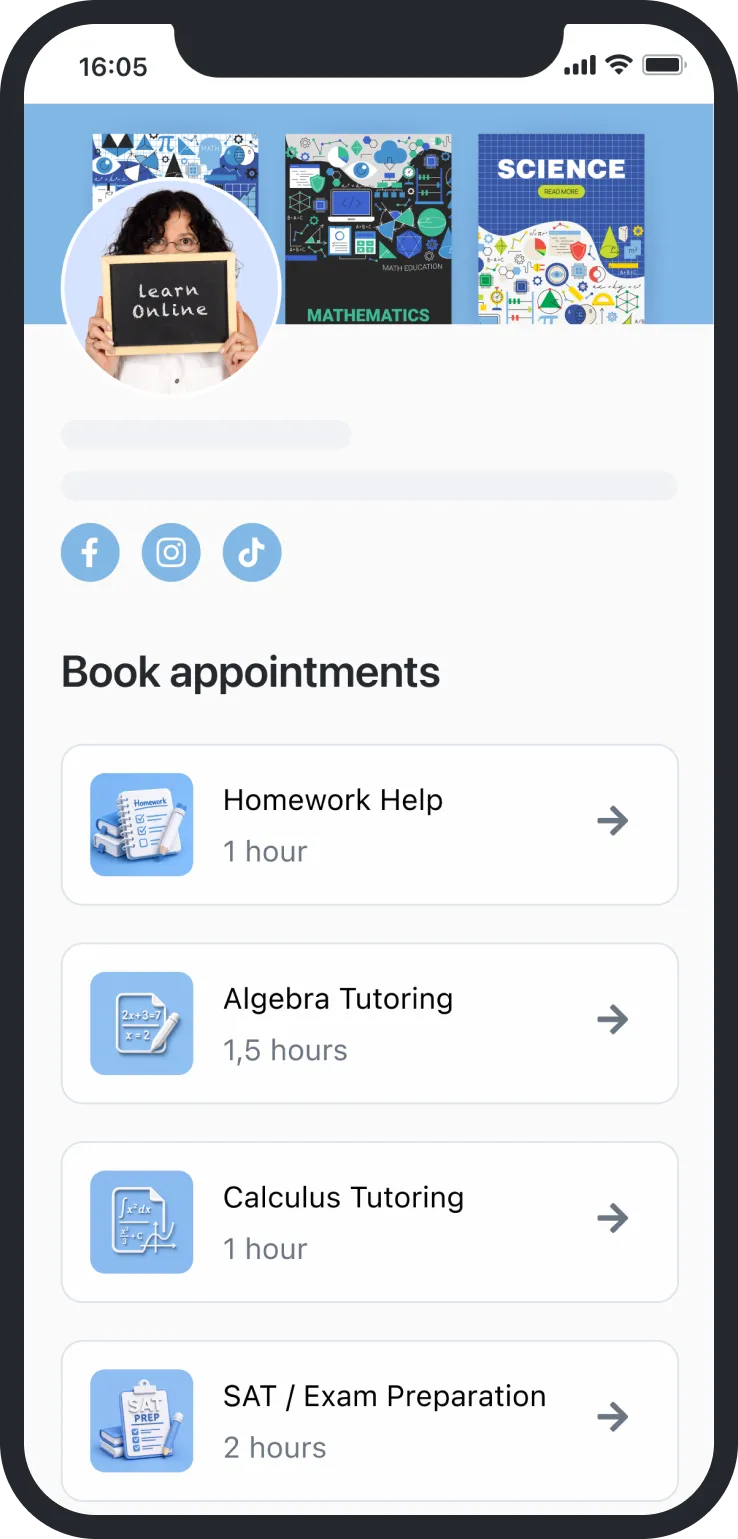 Mobile screen showing online tutoring booking options for Homework Help, Algebra, Calculus, and SAT prep.