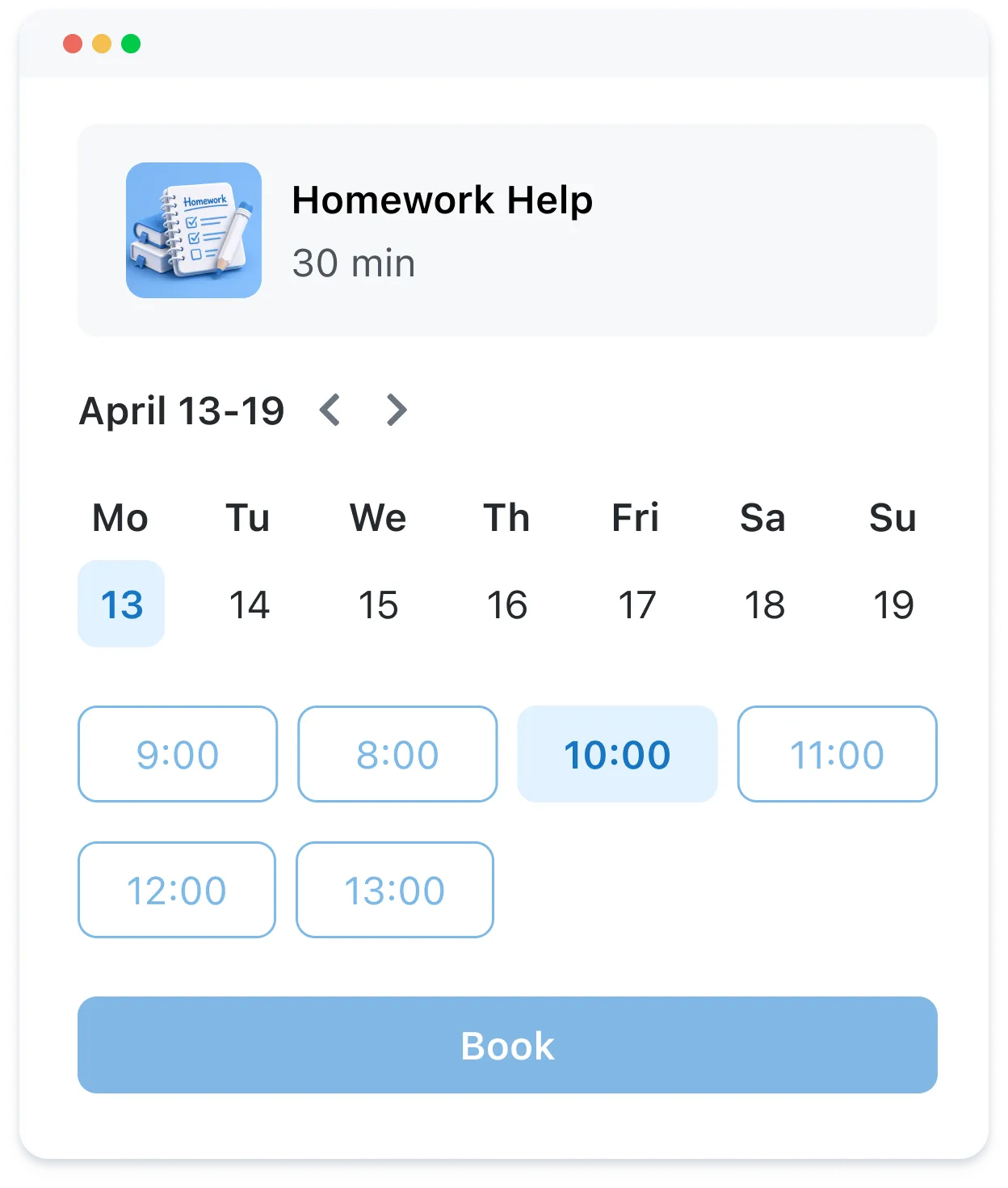 Homework Help 30 min booking calendar showing April 13-19 with 10:00 AM selected slot.