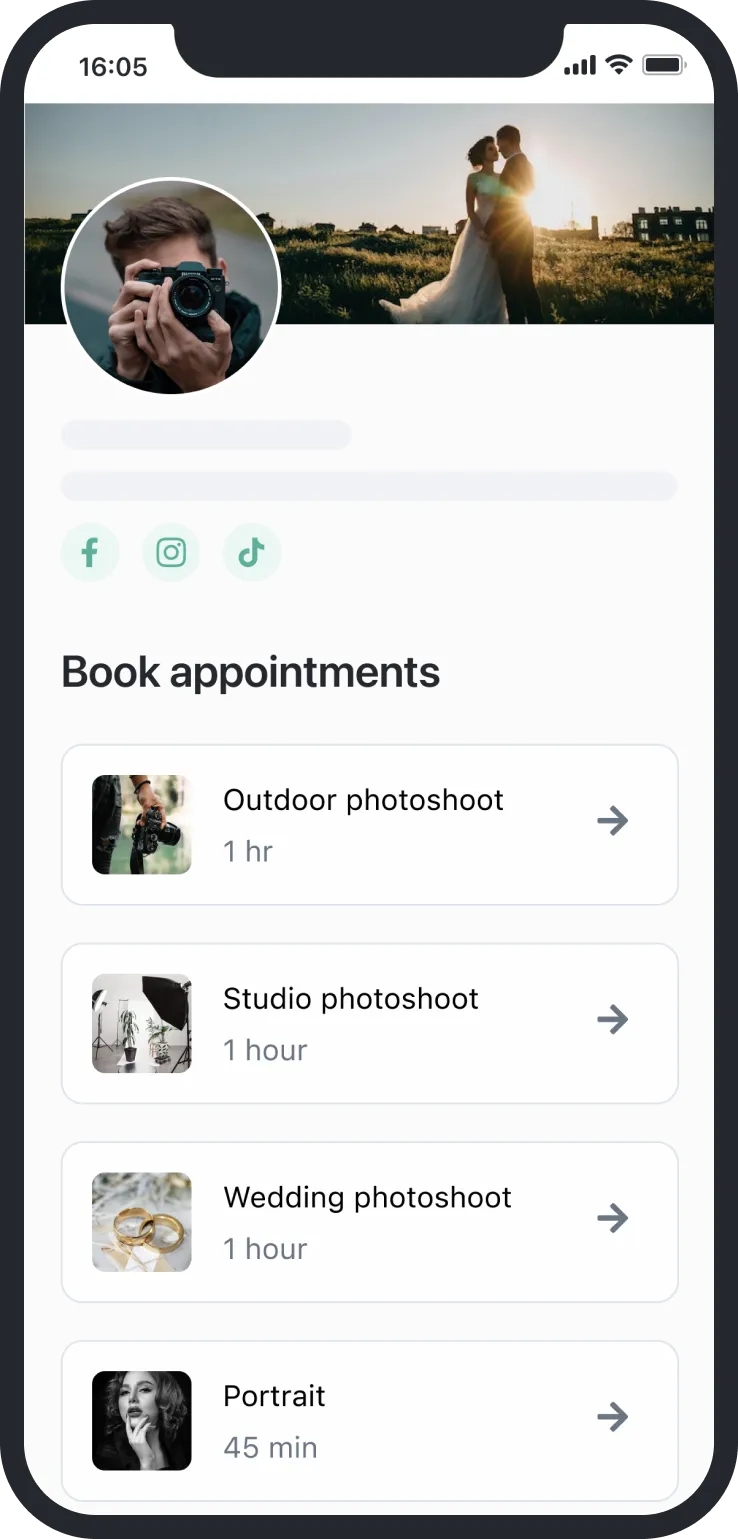 Mobile booking page showing photographer profile, wedding couple background, and scheduling options with photos.