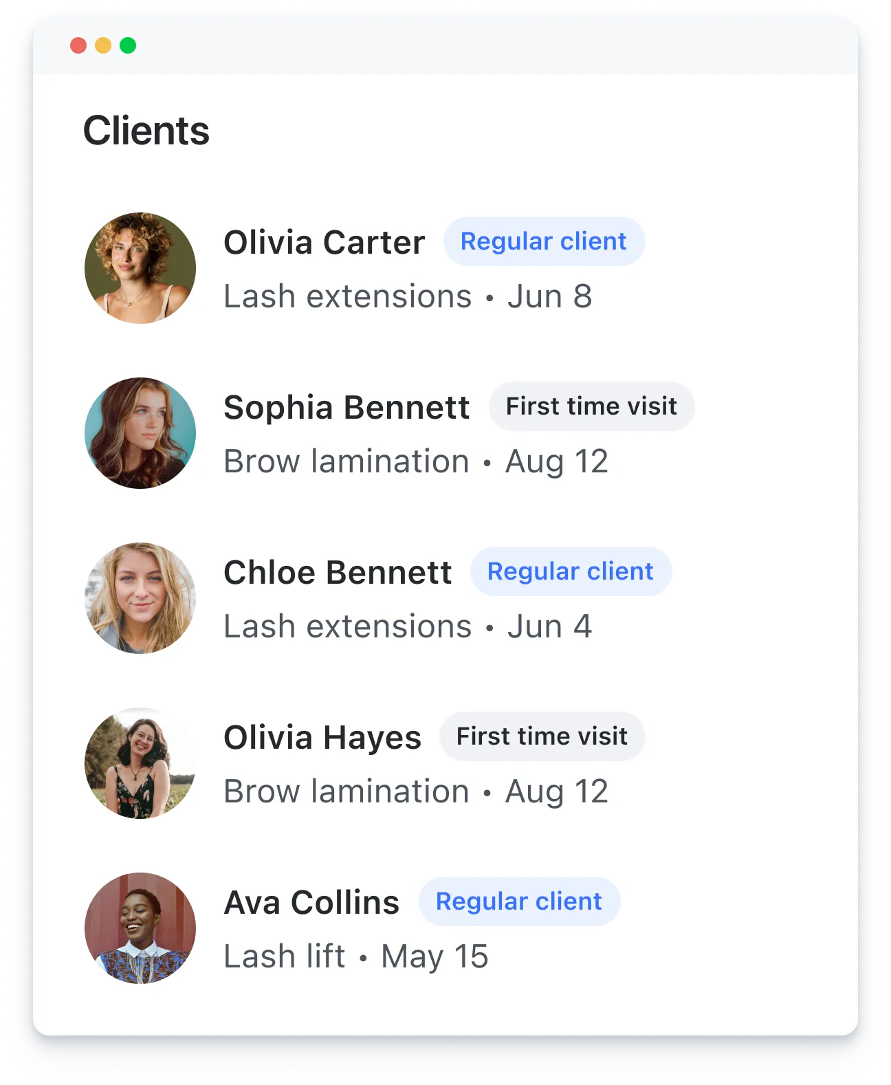 Client list with photos, names, service type, visit dates, and status labels like Regular client and First time visit.
