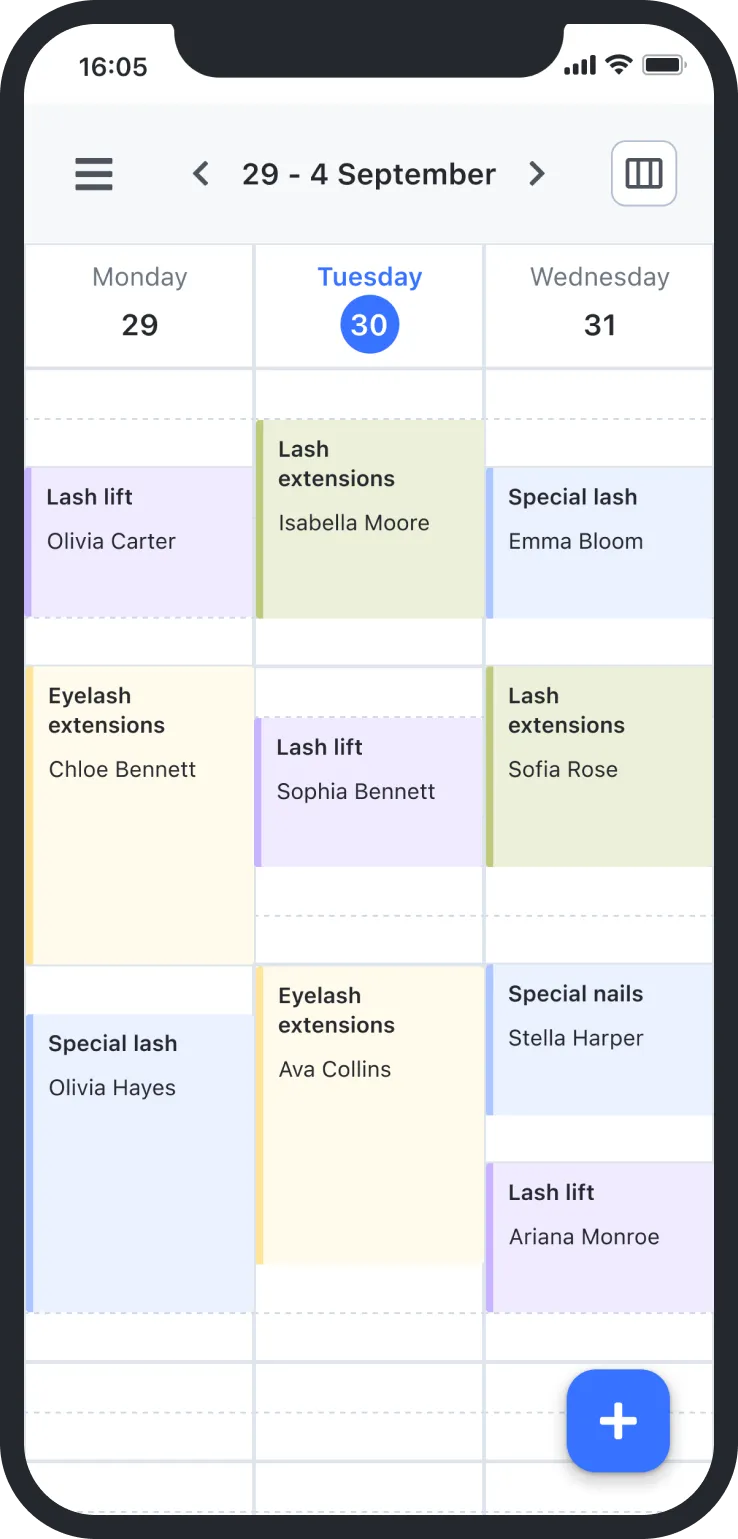 Mobile calendar showing eyelash and nail service appointments from Aug 29 to Sep 31 with client names.