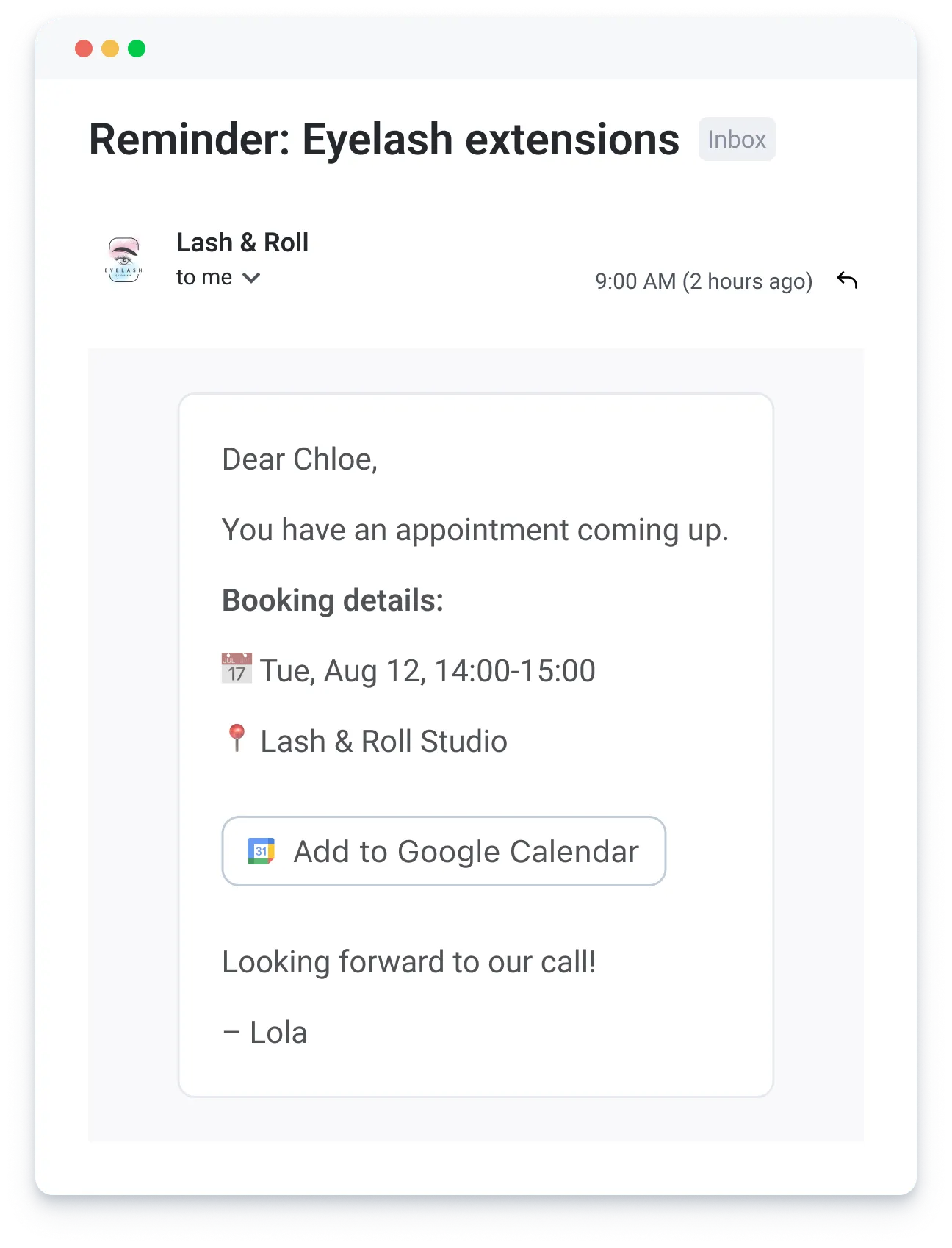 Email reminder from Lash & Roll for Chloe's eyelash extension appointment on Tue, Aug 12, 14:00-15:00.