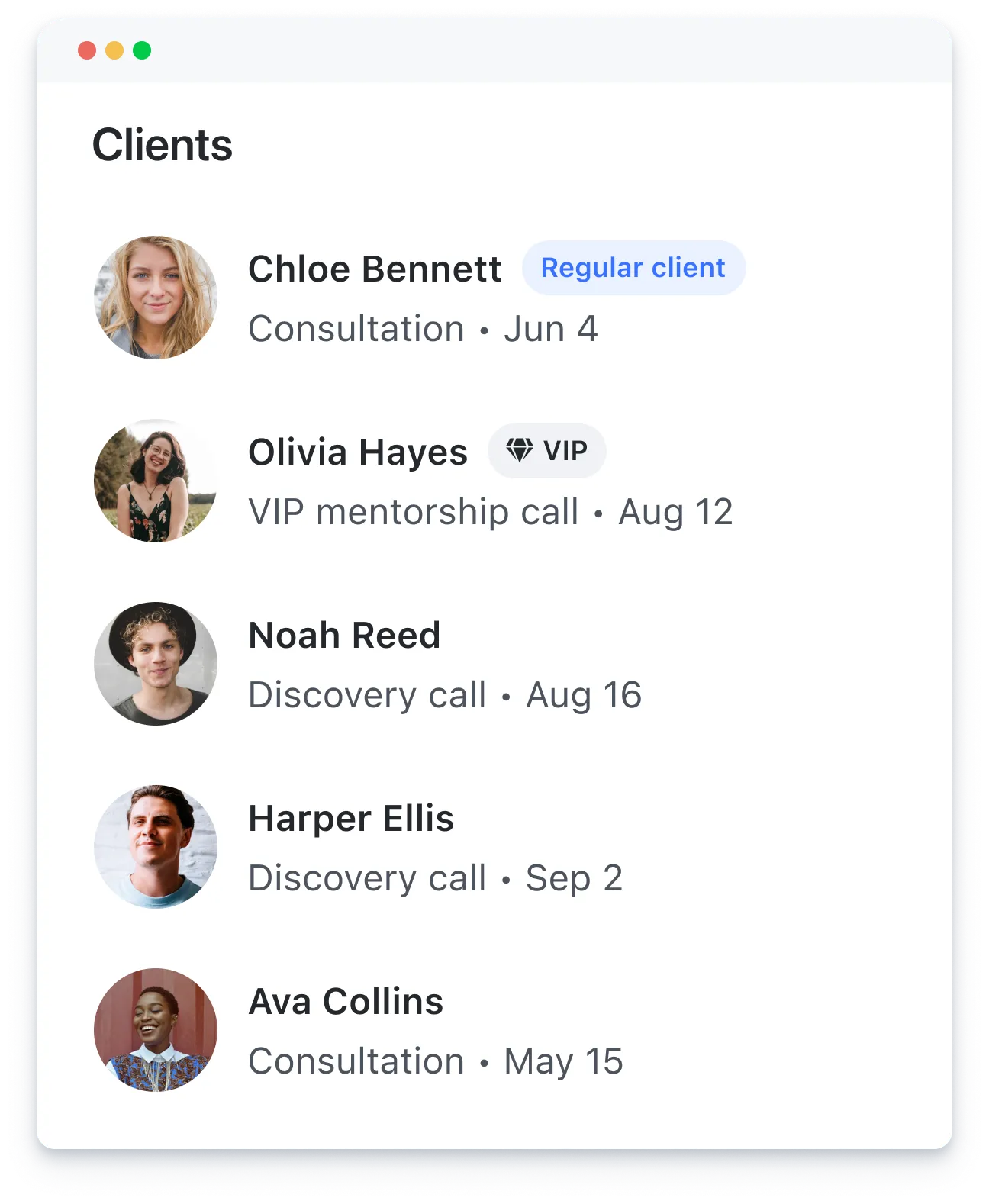 List of five clients with photos, names, appointment types, dates, and VIP or regular status labels.