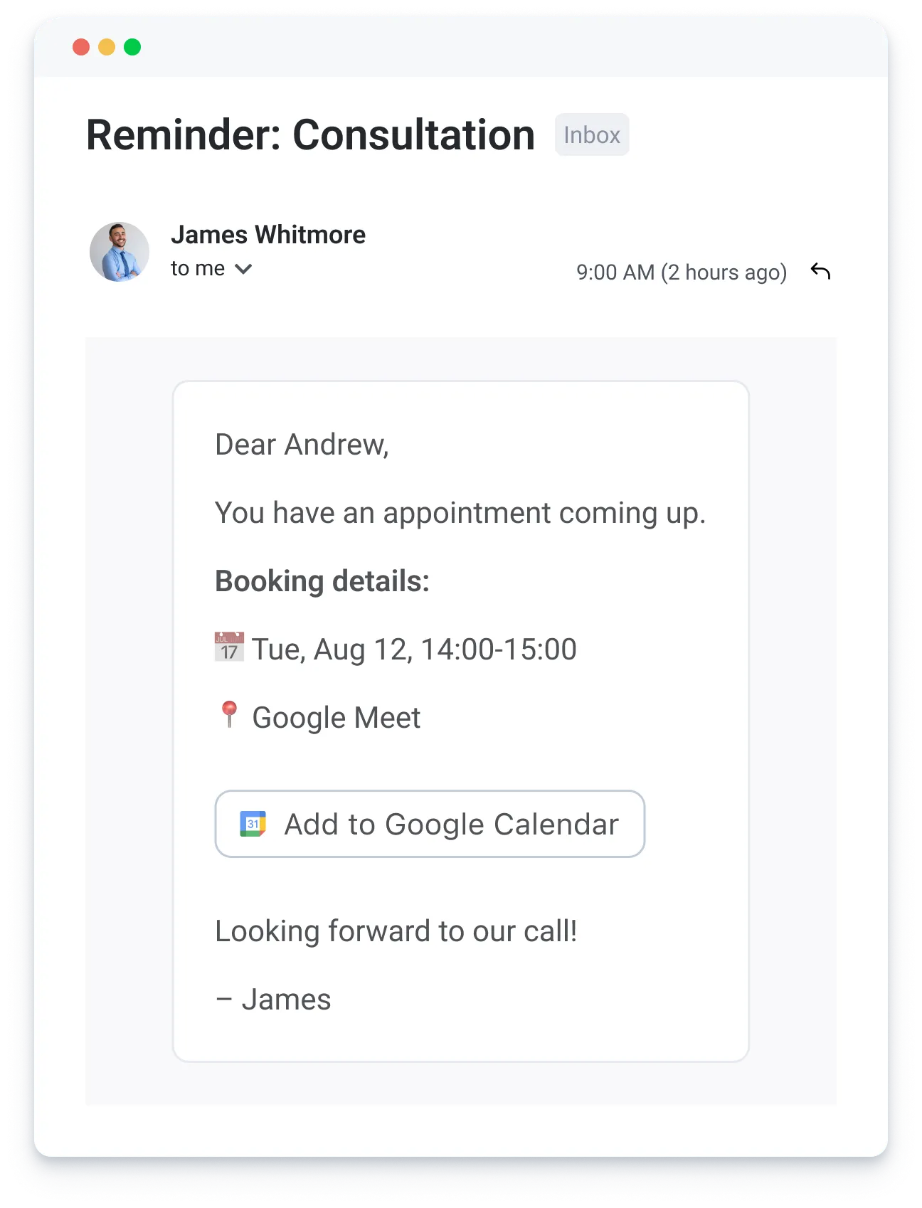Email reminder from James Whitmore about a Google Meet consultation on Aug 12, 14:00-15:00