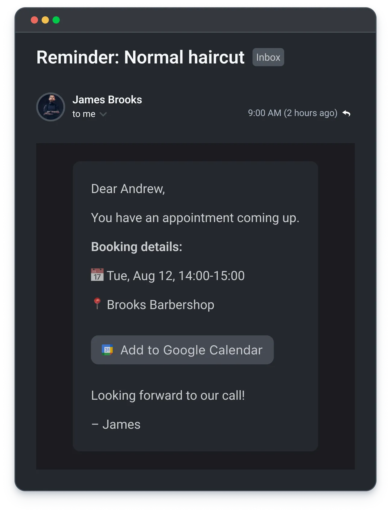 Email reminder from James Brooks about a barbershop appointment on Tuesday, Aug 12, 14:00-15:00.