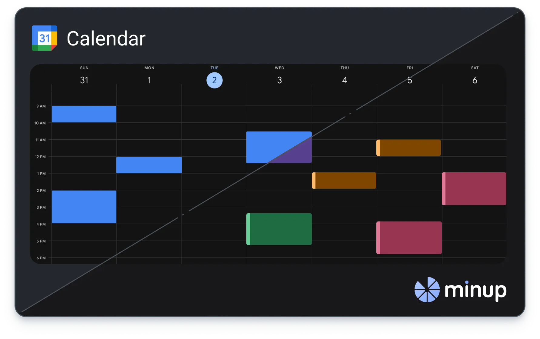 Week view of a Google Calendar with colored event blocks from Sunday to Saturday.