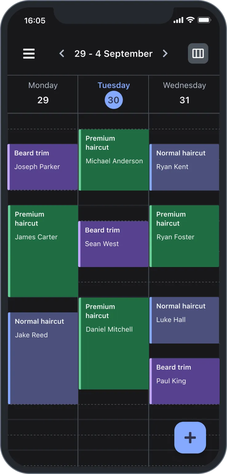 Barber booking app showing appointments for beard trims and haircuts from Sept 29 to 31.