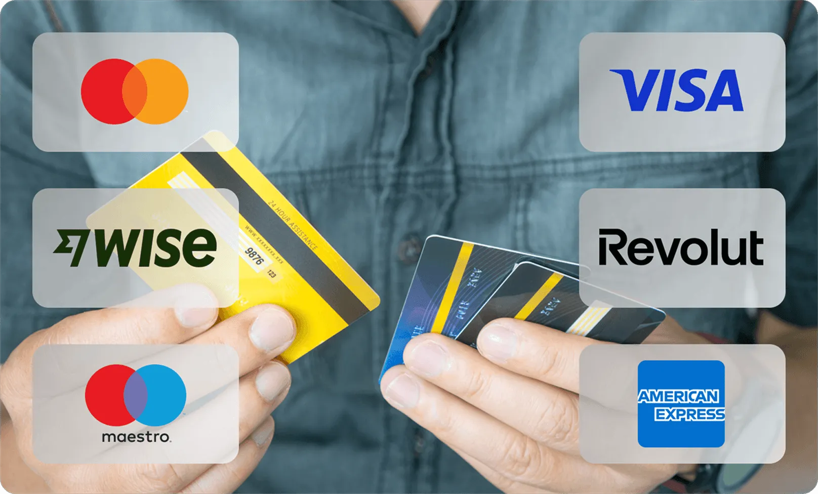 Person holding multiple credit cards with Mastercard, Visa, Wise, Revolut, Maestro, and American Express logos.