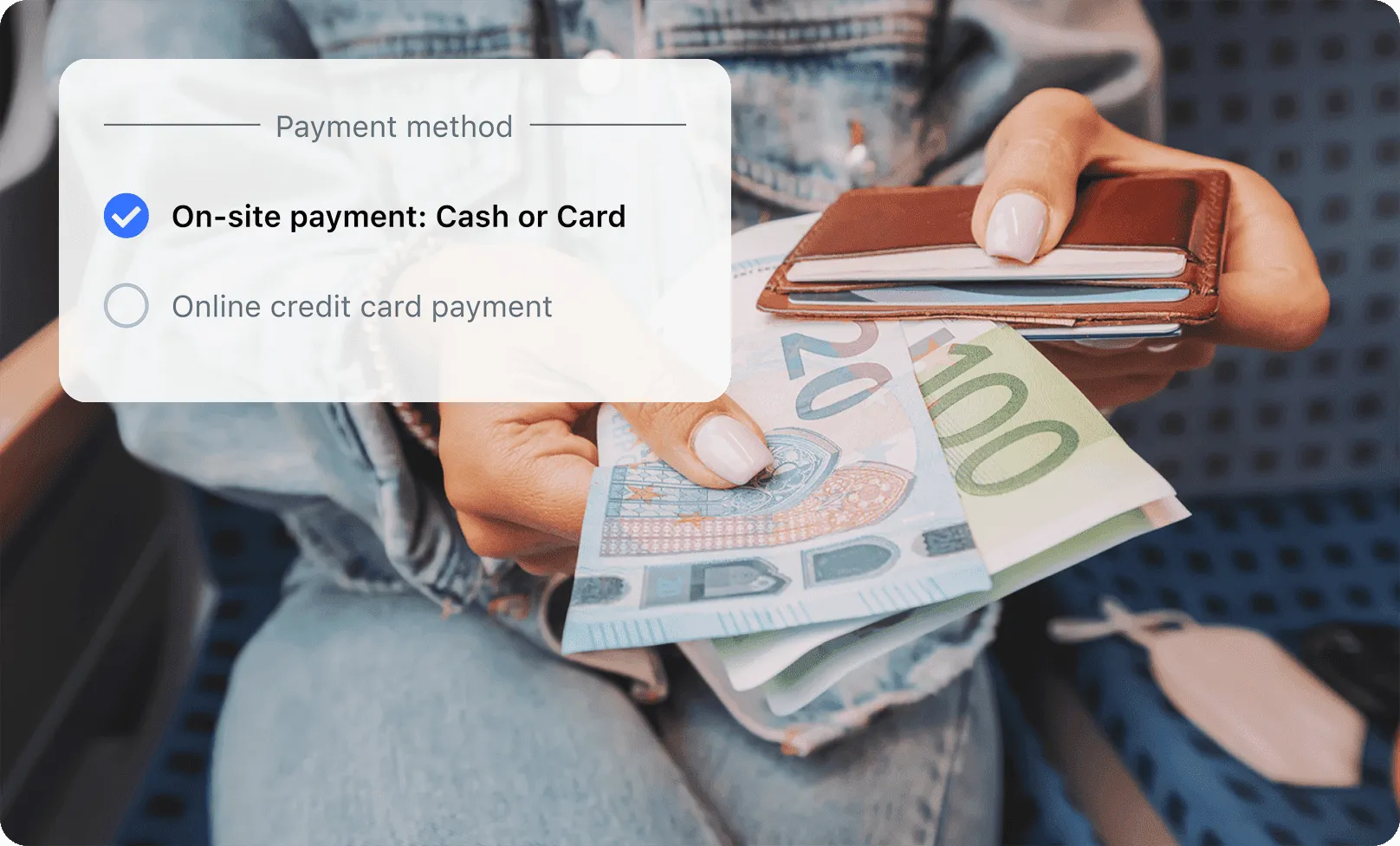 Person holding a wallet and euro banknotes with a payment method selection overlay for cash or card.
