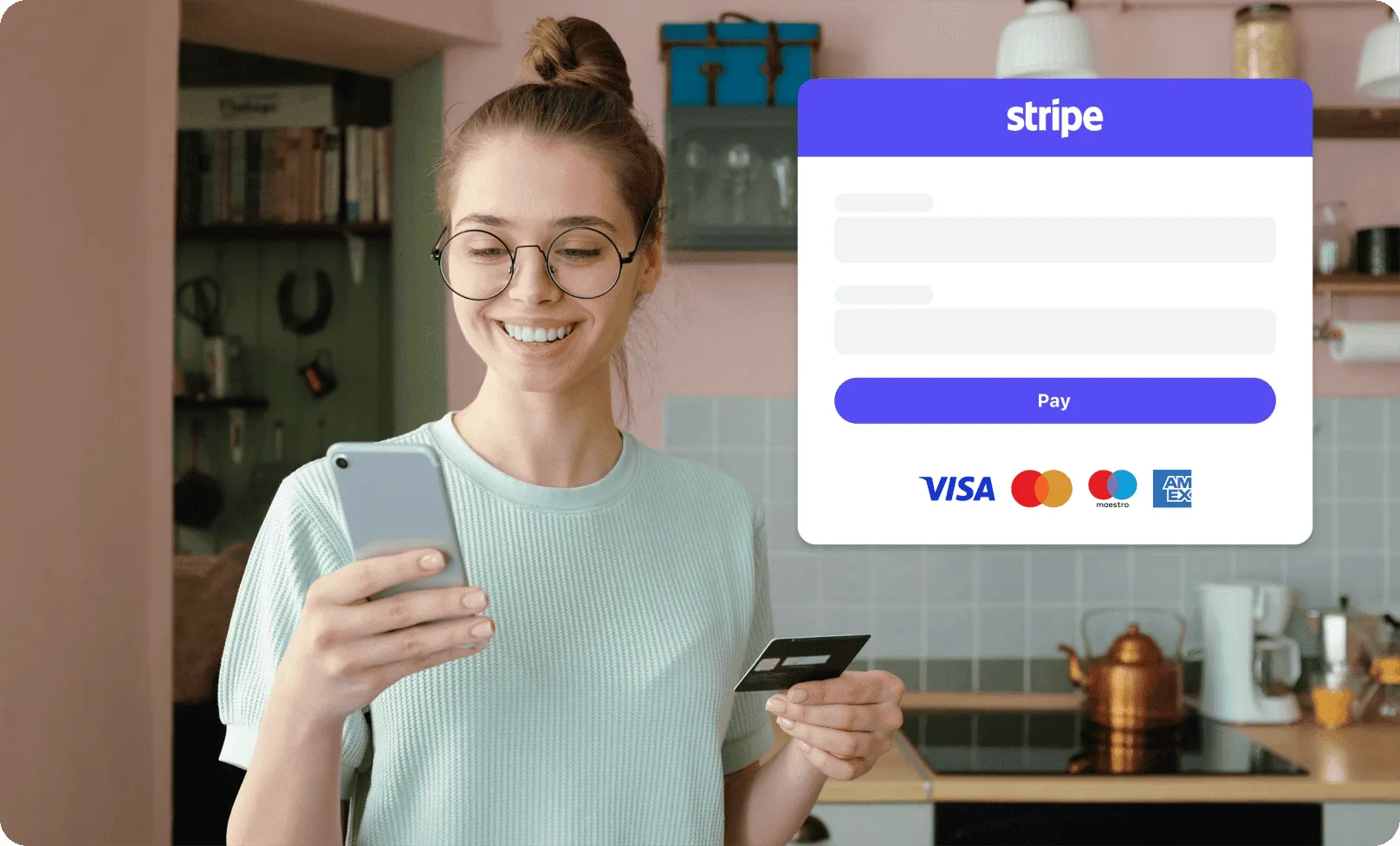 Woman smiling using phone and credit card with a Stripe payment window overlay showing card logos.