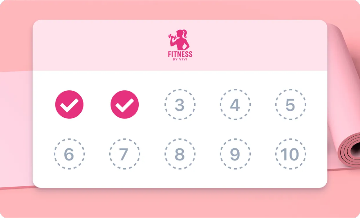 Fitness pass card with two completed sessions marked by pink check marks, eight remaining numbered sessions.