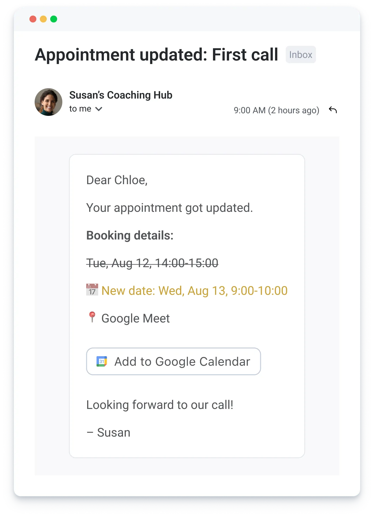 Notification window showing 'Appointment updated' with an arrow pointing to new date and time details.
