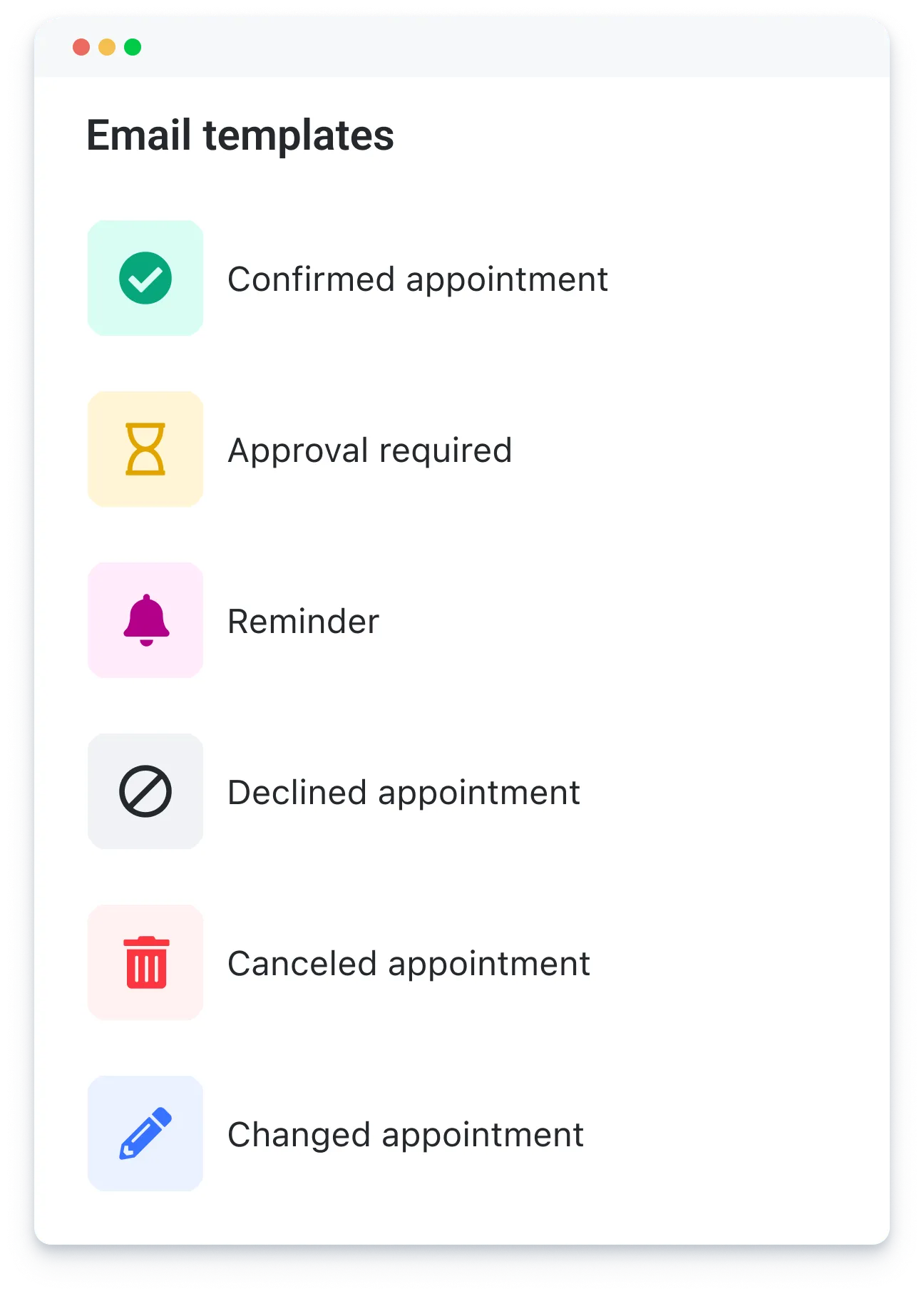 Appointment status icons and labels: confirmed, approval required, reminder, declined, canceled, changed.