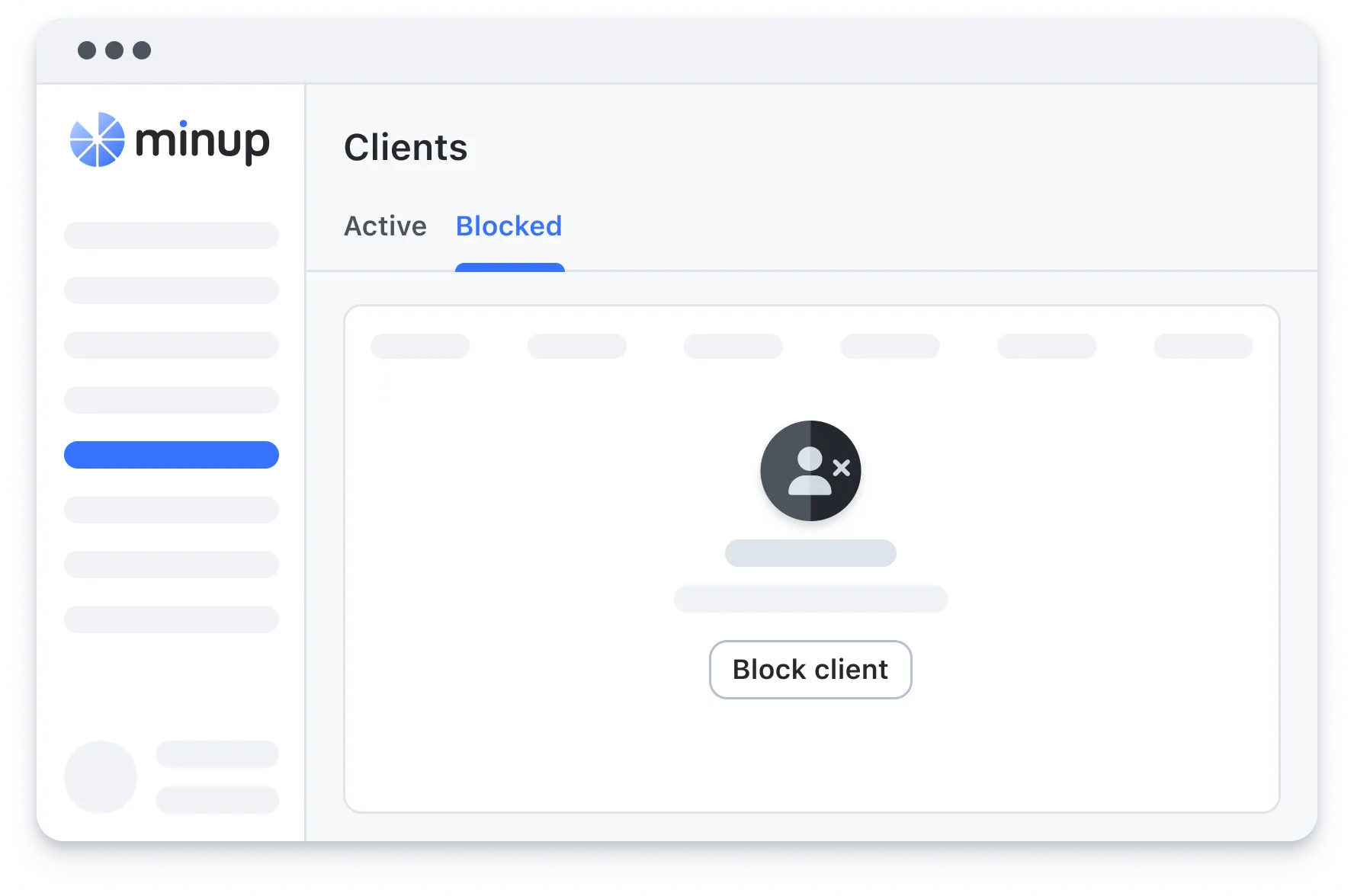 Minup app interface showing the Blocked clients tab with a block client button and user icon.