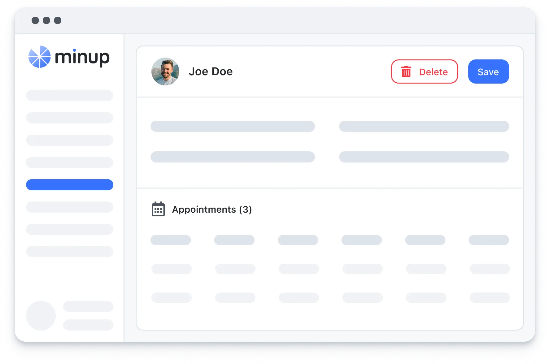 Minup client profile interface for Joe Doe with appointments listed and buttons for Delete and Save.
