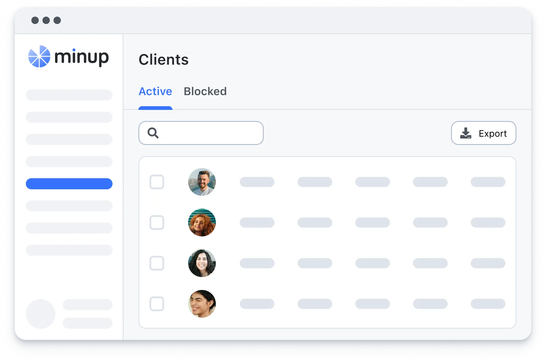 Client management dashboard showing active clients with profile pictures and a search bar, export option.