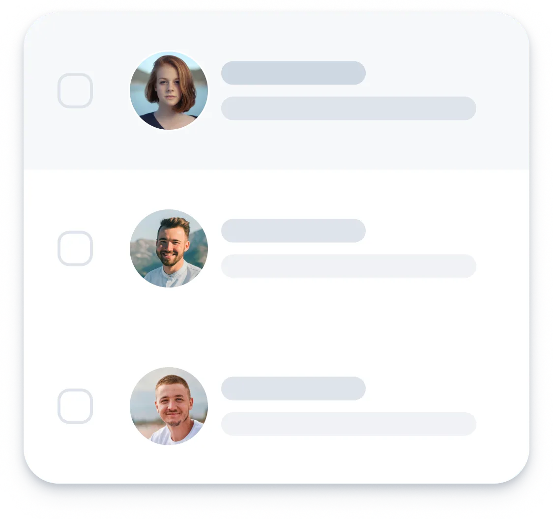 List of three people with profile photos and checkboxes on the left side.