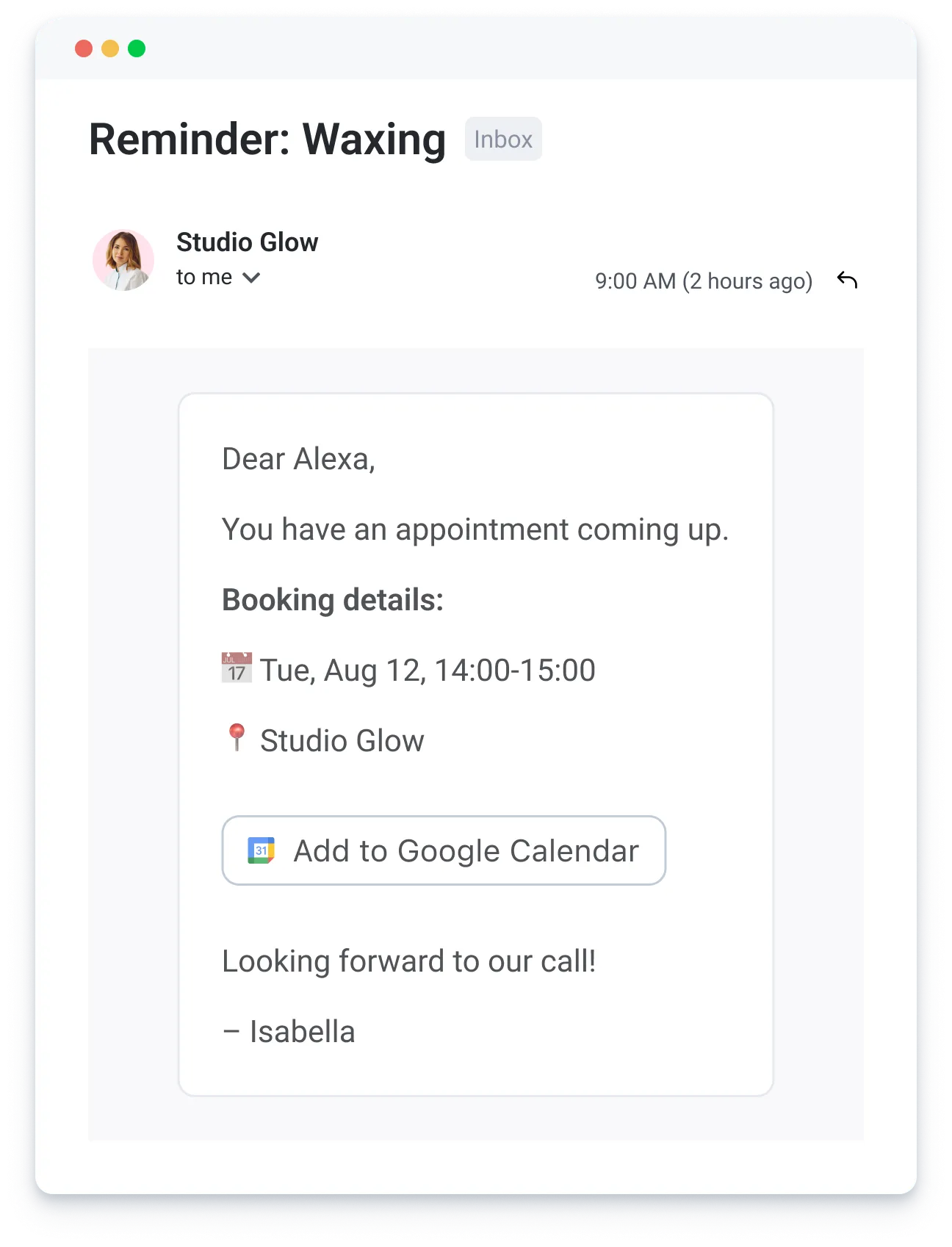 Email reminder from Studio Glow to Alexa about waxing appointment on Aug 12, 14:00-15:00 with calendar link.